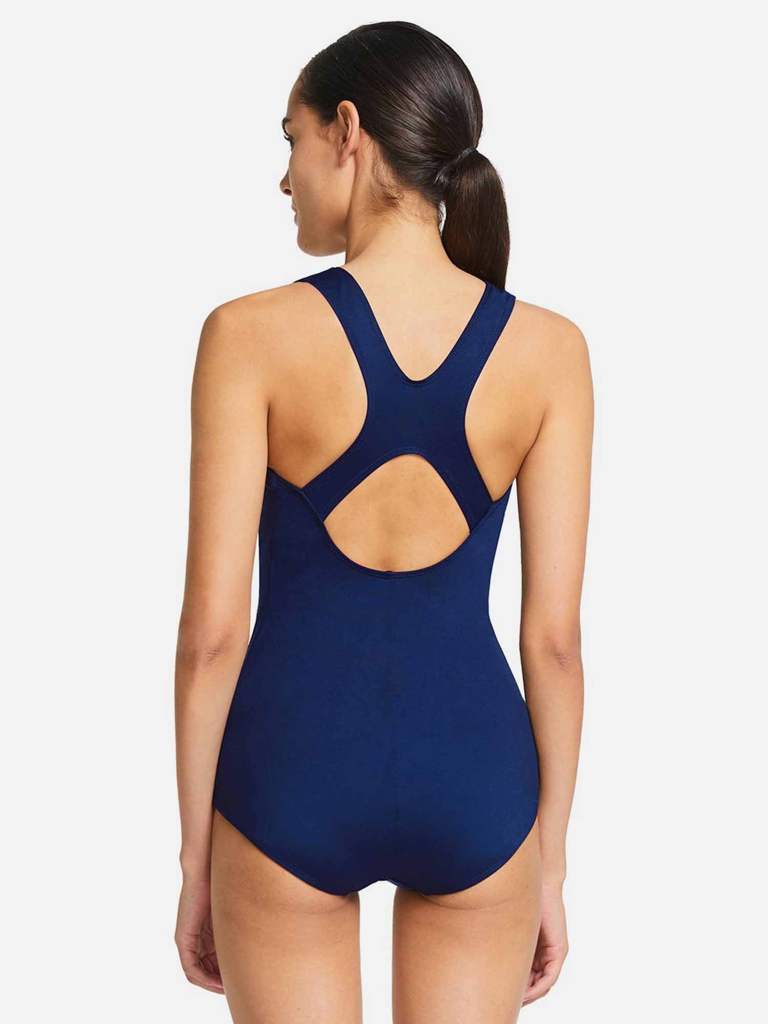 Navy blue women's athletic one-piece swimsuit with racerback and back cut-out. #color_Navy Blue