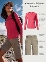 Pink UPF50+ sun shirt & khaki women's hiking shorts. Quick-dry, breathable, 5 pockets.