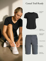 Casual Trail Ready set: Black UPF50+ tee with soft stretch, and grey DWR shorts with 5 pockets & quick-dry.