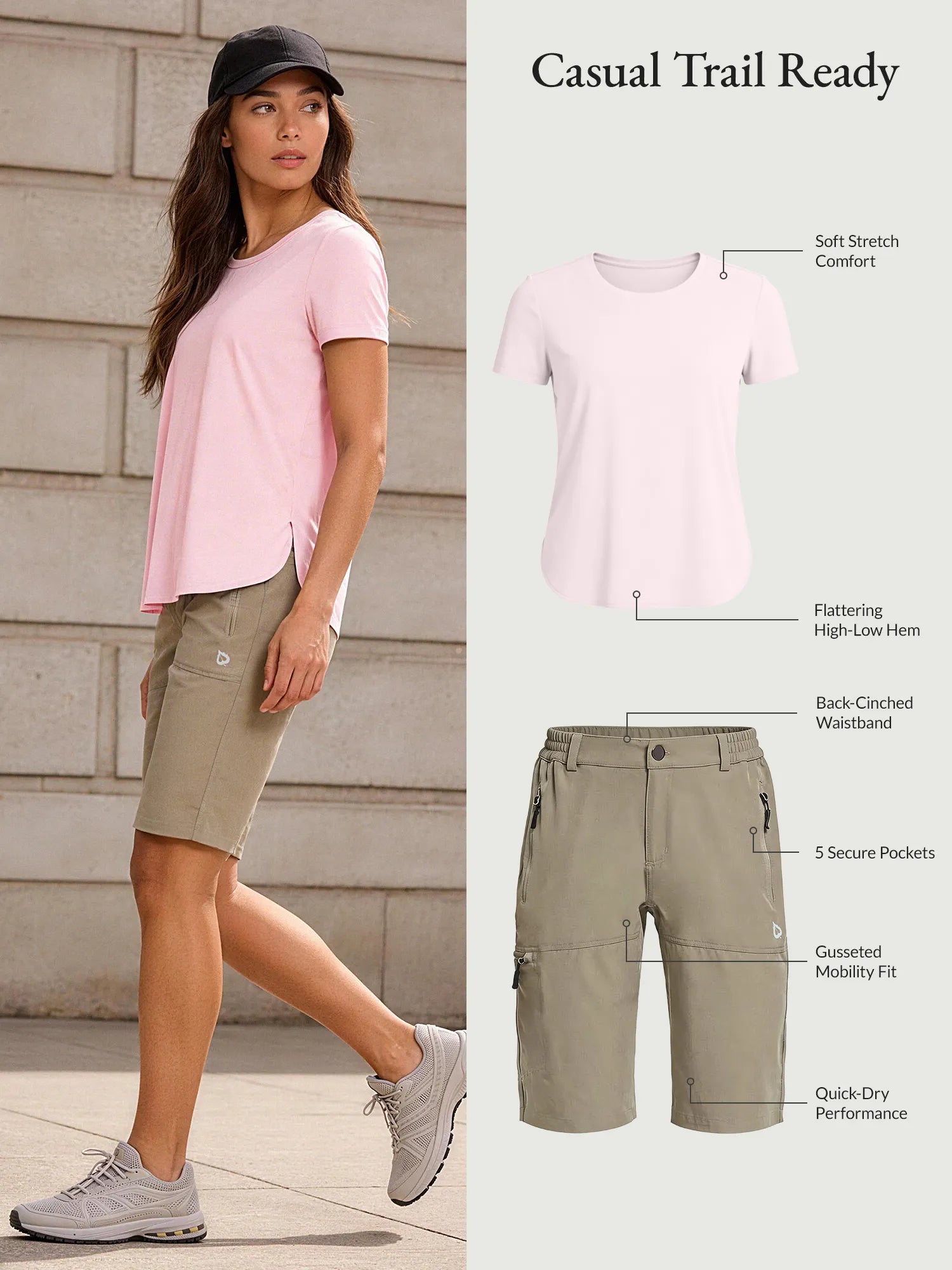 Casual Trail Ready outfit: Woman in pink UPF 50+ tee and khaki quick-dry shorts.