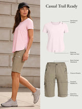 Casual Trail Ready outfit: Woman in pink UPF 50+ tee and khaki quick-dry shorts.