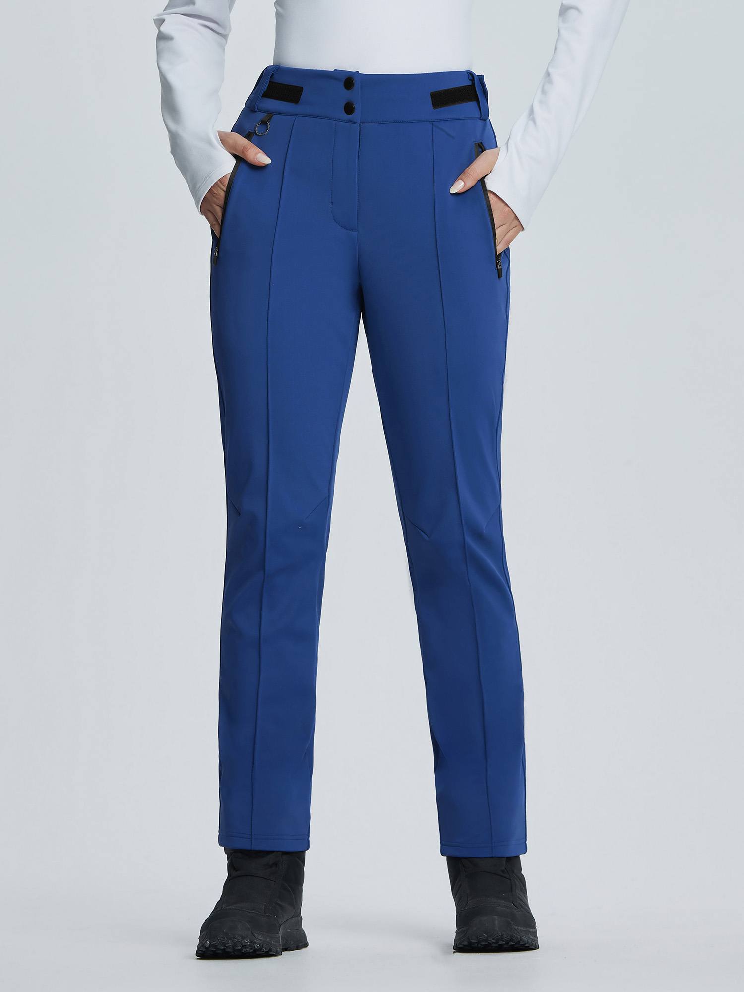 Blue women's warm soft-shell straight-leg ski pants with zipper pockets. #color_Navy Blue