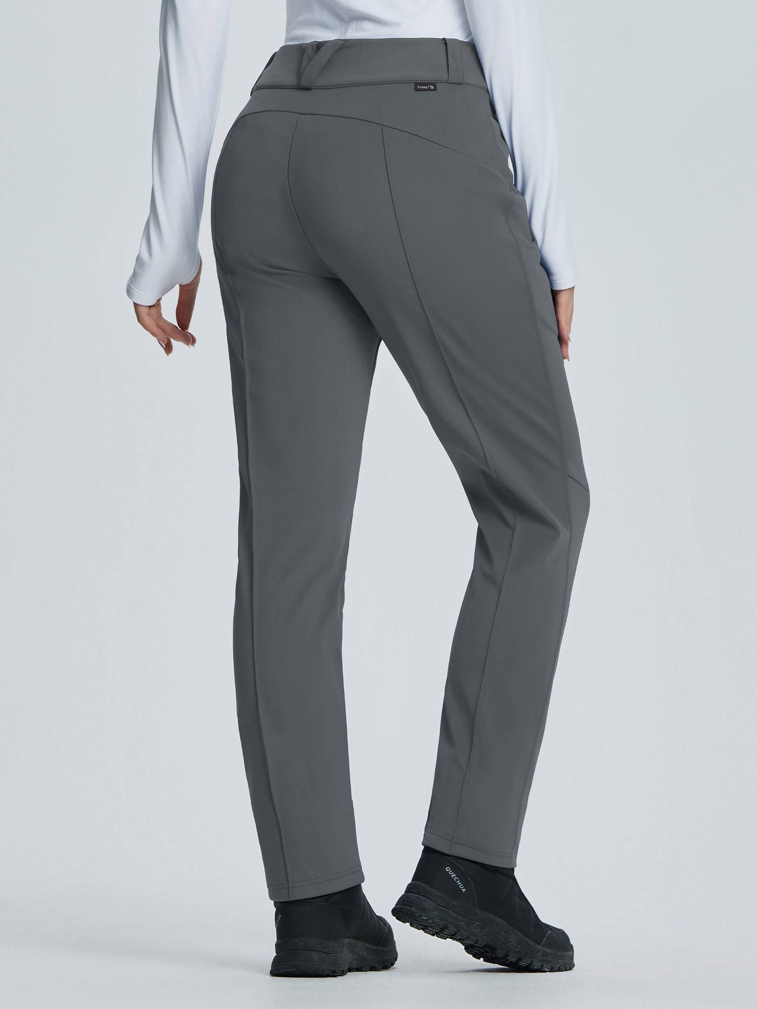 Grey women's soft-shell straight-leg ski pants with adjustable waist, ideal for skiing. #color_Dark Gray