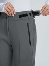 Grey soft-shell ski pants with adjustable velcro waistband and zipper pocket. #color_Dark Gray