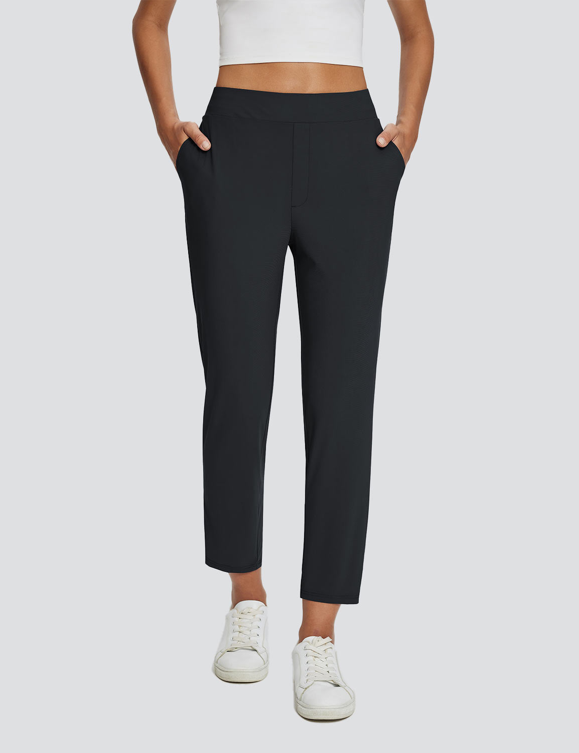 Black high-rise 4-pocket pants, 26" inseam, for adventure-ready active set. #color_Black