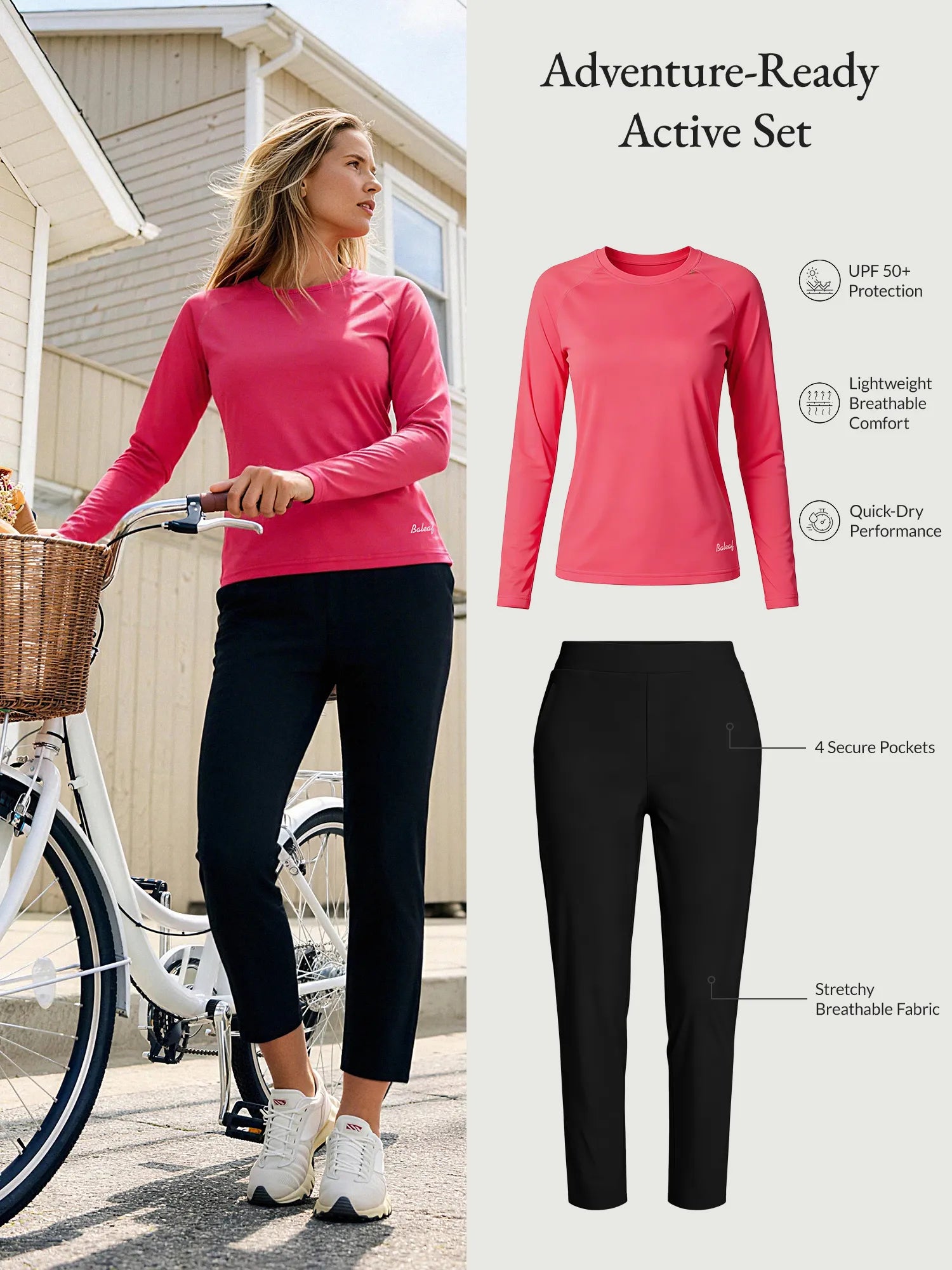 Baleaf Adventure-Ready Active Set: pink UPF 50+ sun shirt & black 4-pocket pants.
