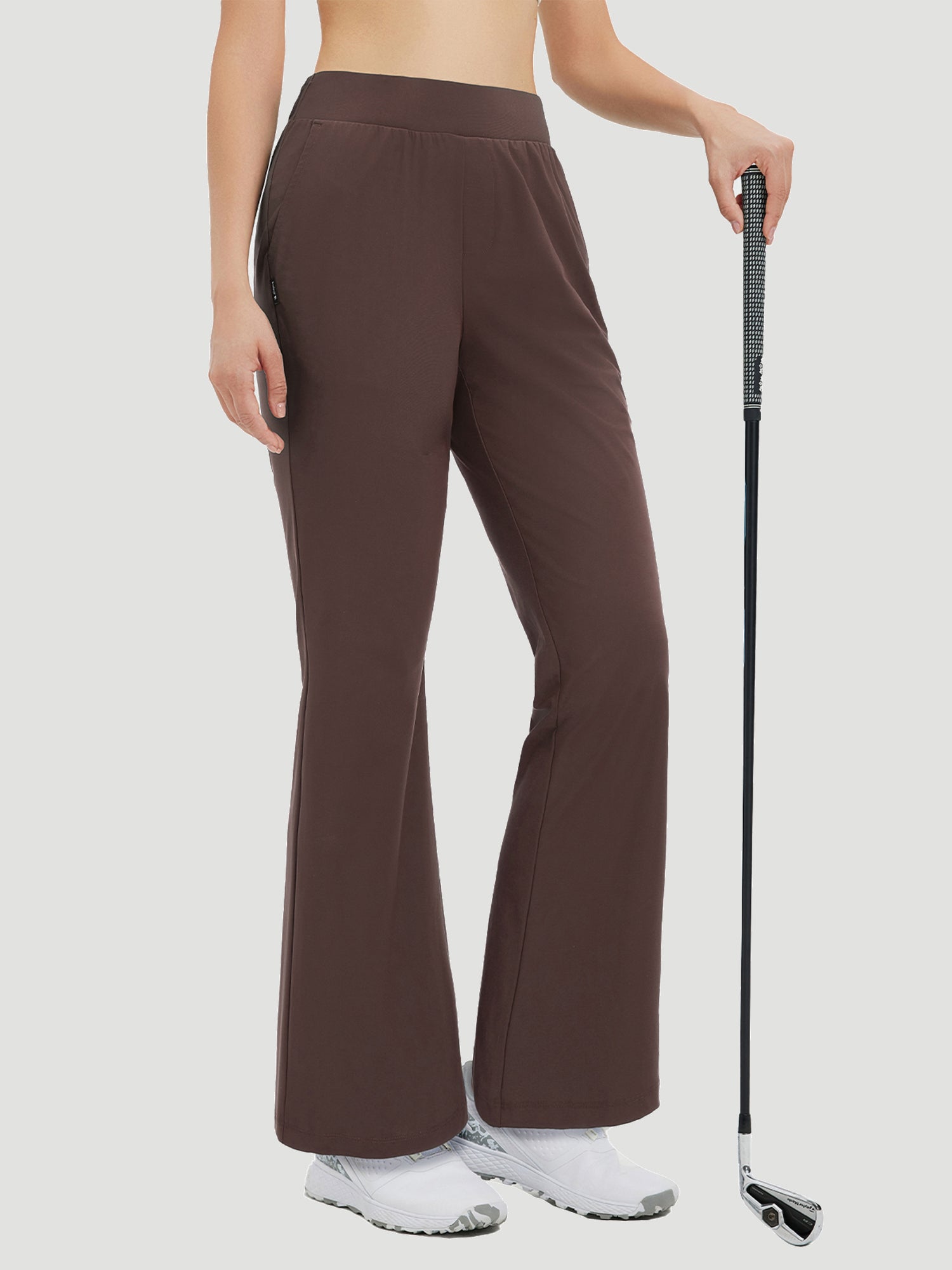 Women's brown 29" flare golf pants with side pocket and golf club #color_Dark Brown