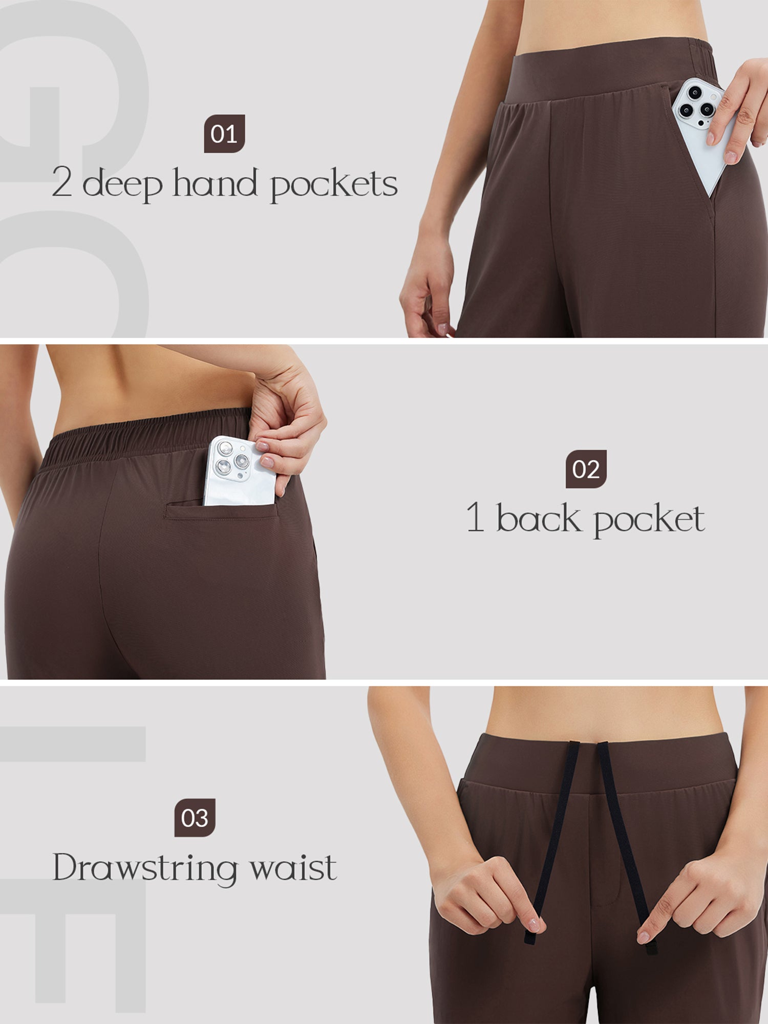 Brown women's flare golf pants: 2 side pockets, 1 back pocket, drawstring waist. #color_Dark Brown