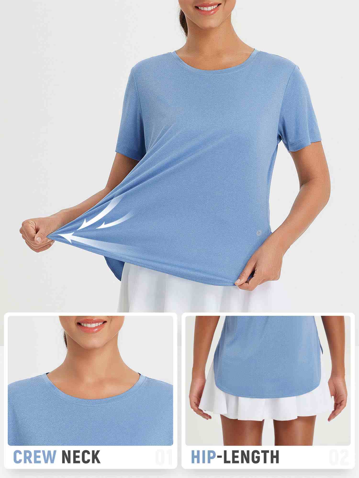 Blue women's short sleeve crew neck t-shirt with hip-length hem, demonstrating stretchy, breathable fabric. #color_Heather Light Blue