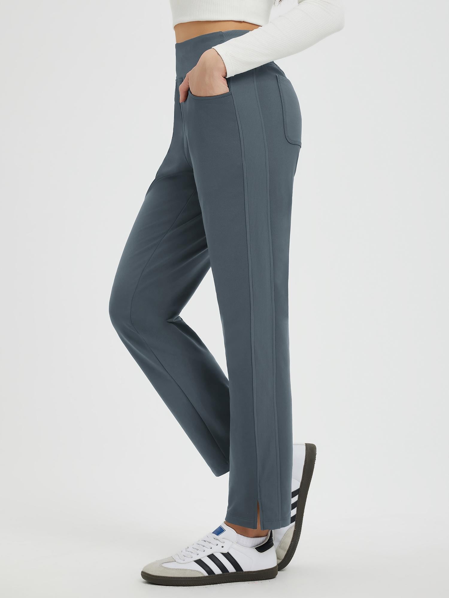 Slate grey fleece running tapered pants with ribbed side panels and split hem #Color_Charcoal Gray