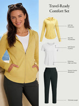 Travel-Ready Comfort Set: yellow UPF jacket, white tee, 7/8 grey tummy control trousers.