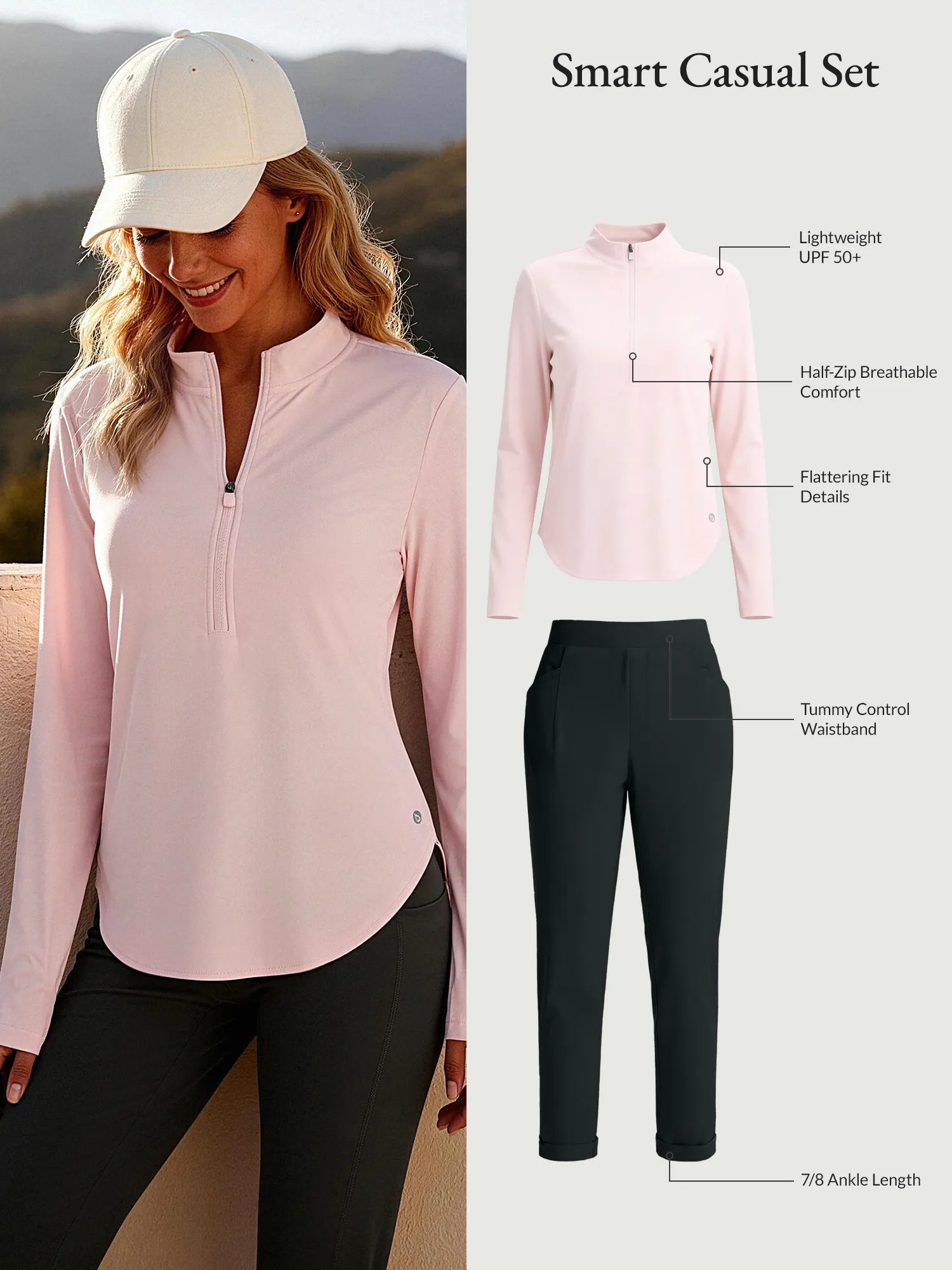 Women's smart casual set: pink UPF 50+ zip tee & black tummy control trousers.