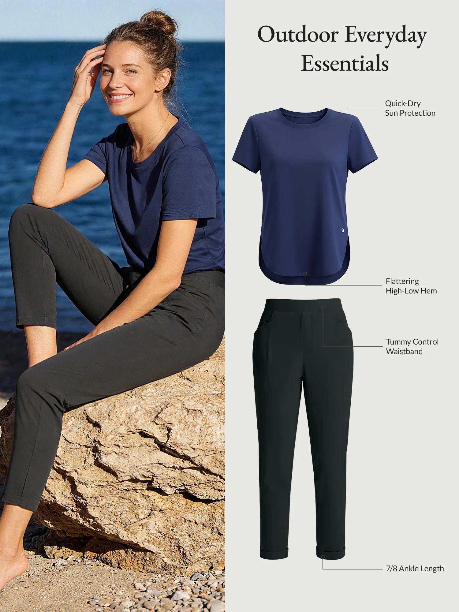 Outdoor Everyday Essentials set: navy UPF shirt and dark tapered 7/8 trousers.