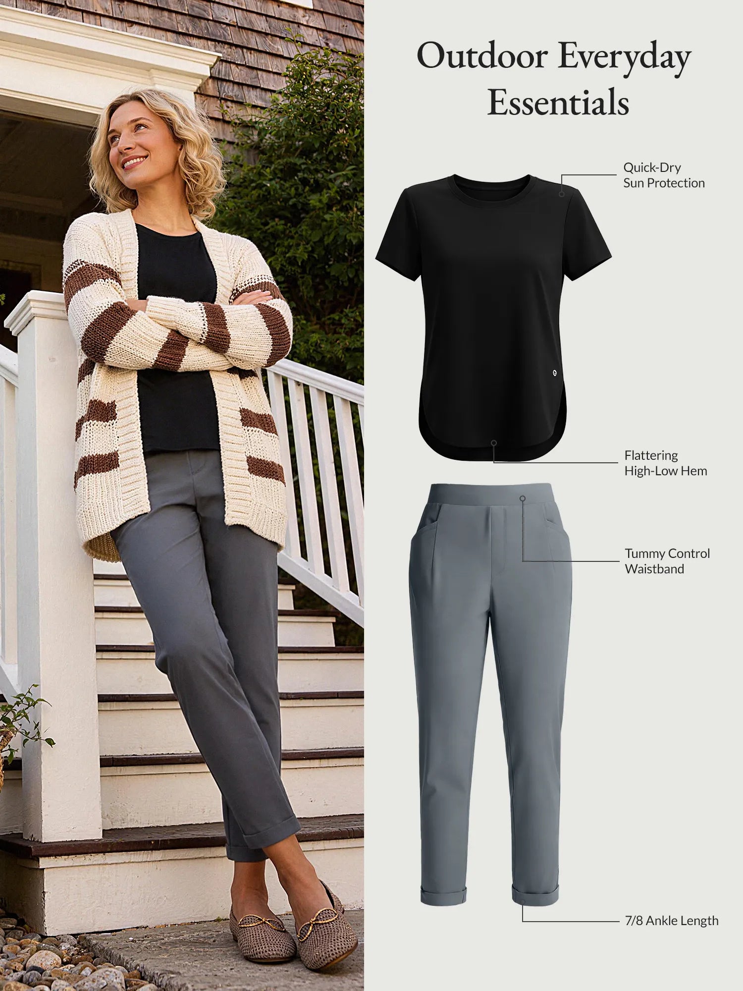 Outdoor everyday essentials set: black UPF shirt and grey tapered trousers.