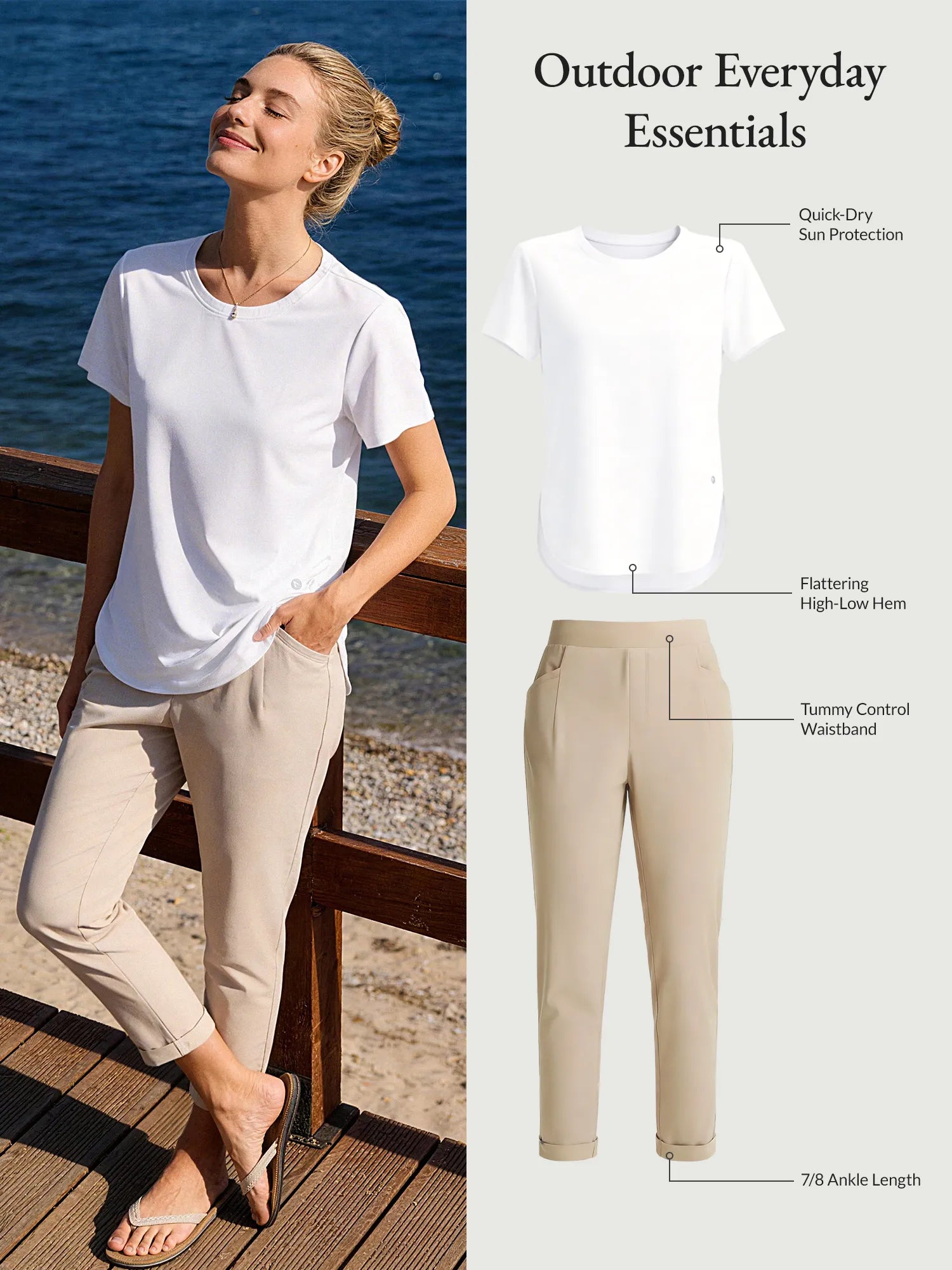 Outdoor Everyday Essentials: woman in quick-dry UPF shirt, tummy control tapered trousers.