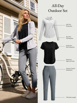 All-Day Outdoor Set: UPF 50+ jacket, quick-dry tee, tummy control trousers for travel.