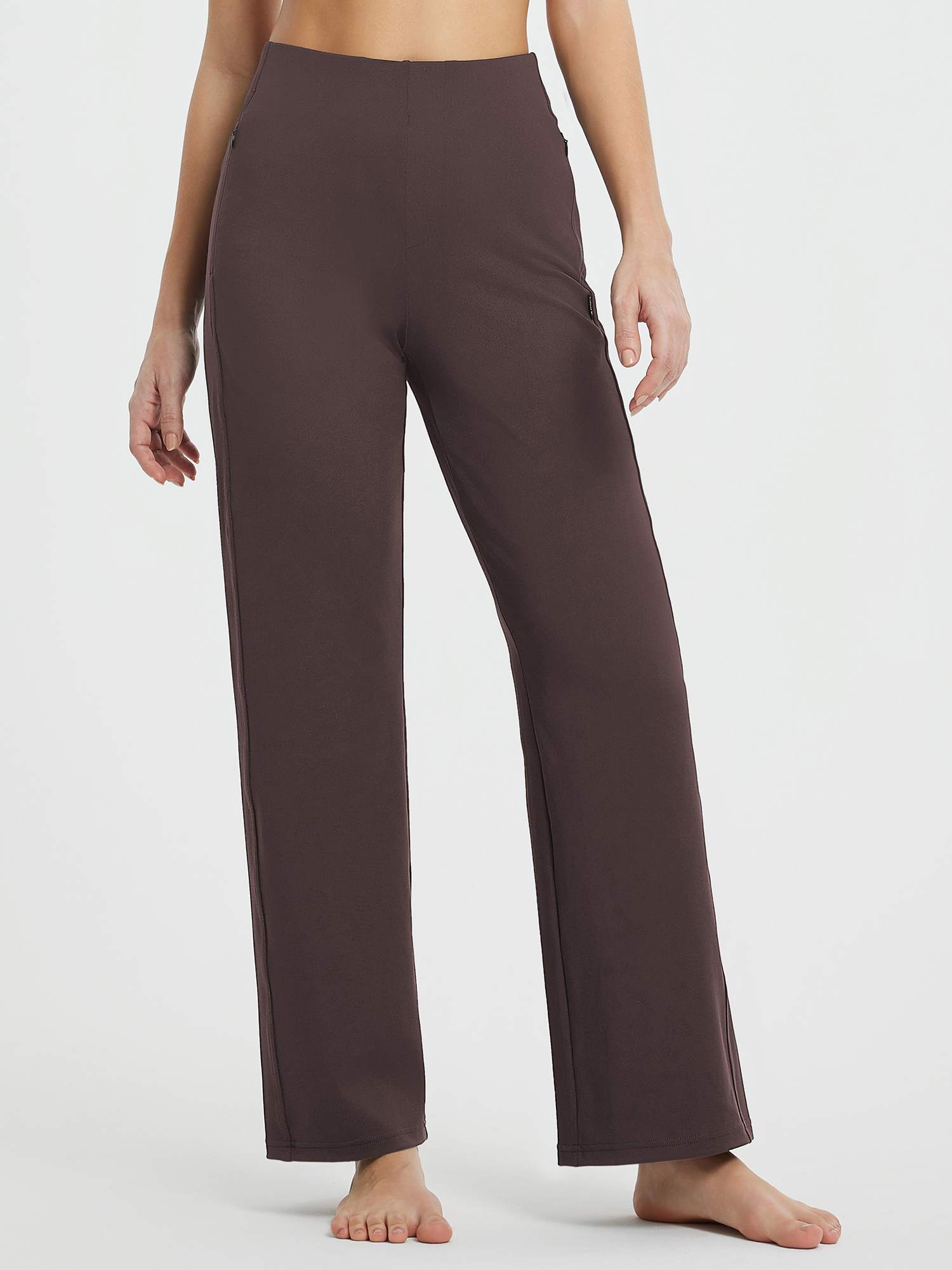 Brown high-waisted wide-leg pants with faux fly and secure pockets for commuting or yoga. #Color_Dark Brown