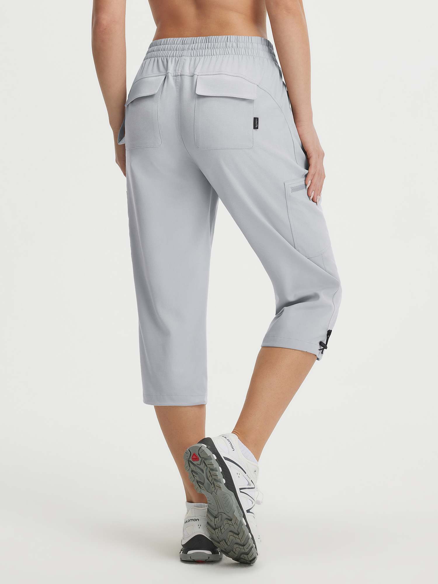 Baleaf 7-pocket lightweight light grey tapered cargo capri pants, 19'' (back view) #color_Light Gray
