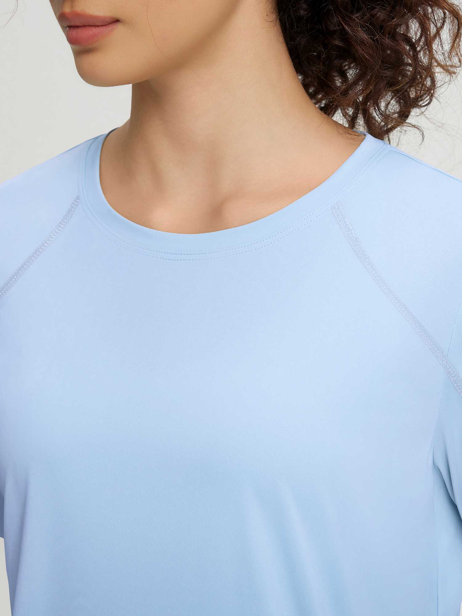 Baleaf light blue UPF 50+ stretchy short-sleeve shirt with crew neck and raglan seams. #color_Light Blue