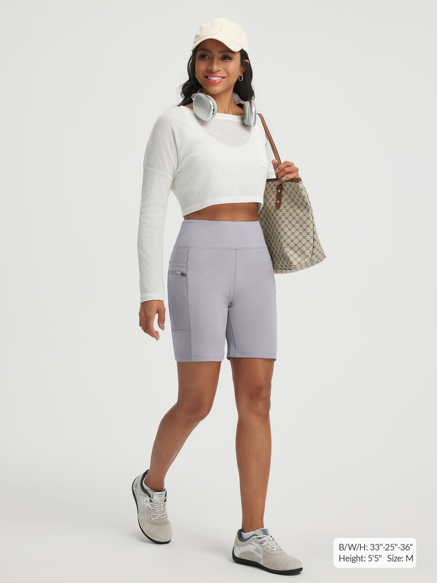 Baleaf women's light purple 7" high-rise stretchy running shorts #color_Light Gray