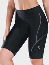 Women's 9-inch black UPF 50+ padded cycling shorts with gel padding & reflective details. #color_Dark Gray