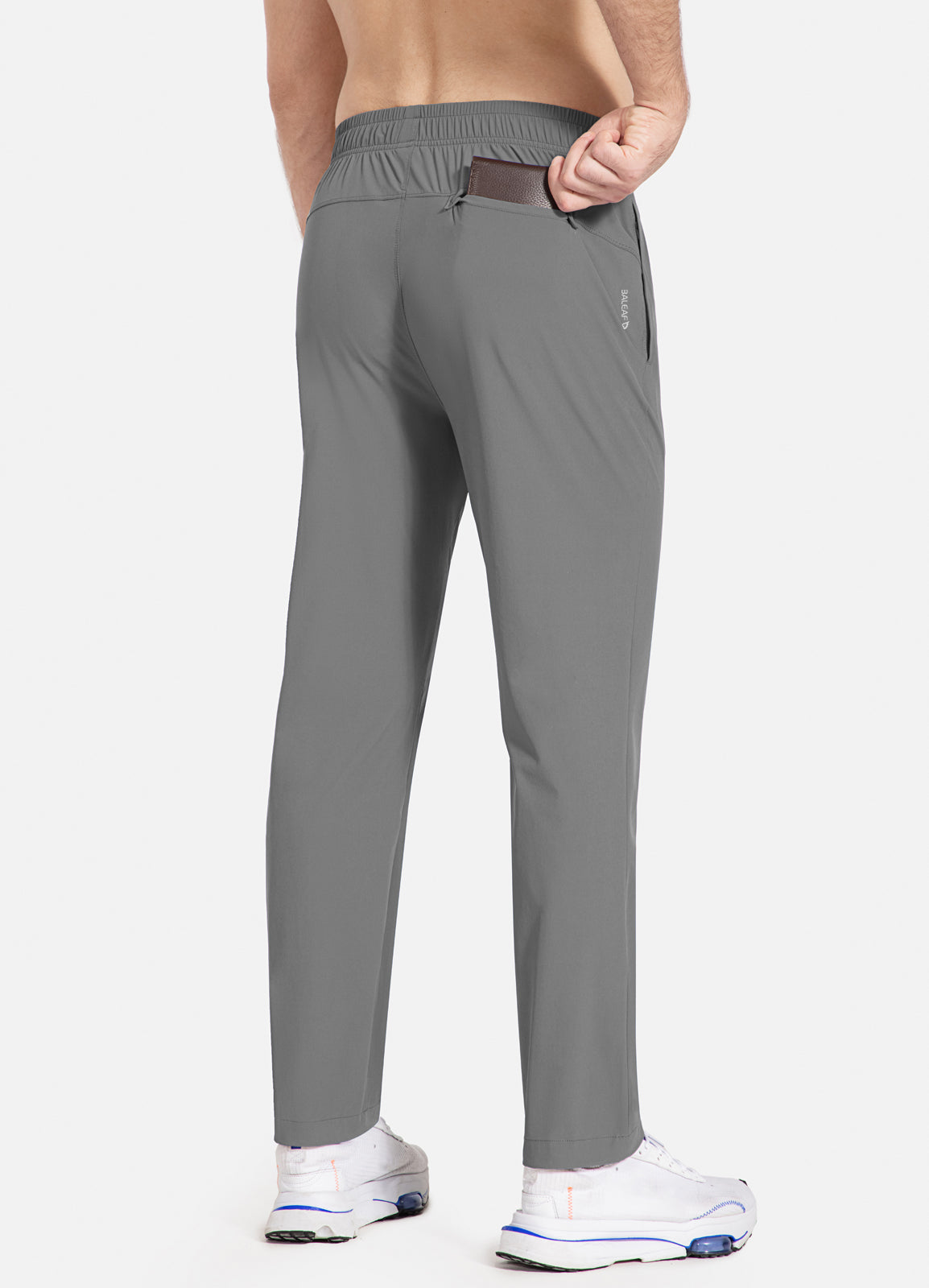 Men's grey Baleaf running pants, tapered fit, elastic waist, wallet in back pocket #color_Gray