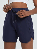 Navy women's 5-inch high-waisted quick-dry running shorts adjustable drawstring #color_Navy Blue