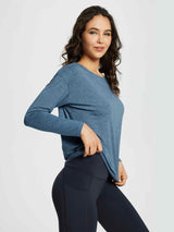 Women's blue long-sleeve workout t-shirt, boat neckline, loose hip-length fit. #color_Heather Blue