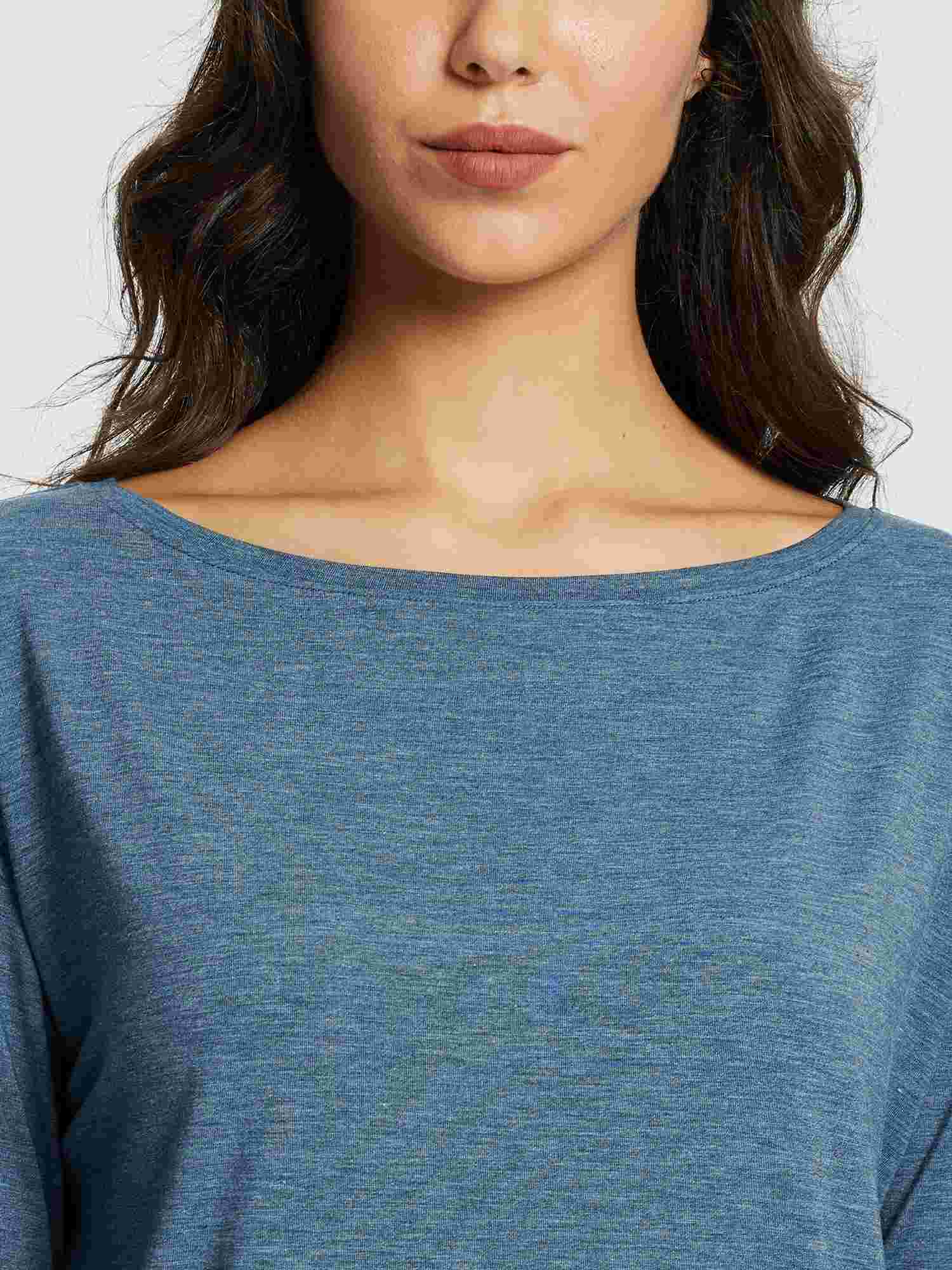 Women's blue long-sleeve workout t-shirt featuring a wide boat neckline and textured fabric. #color_Heather Blue