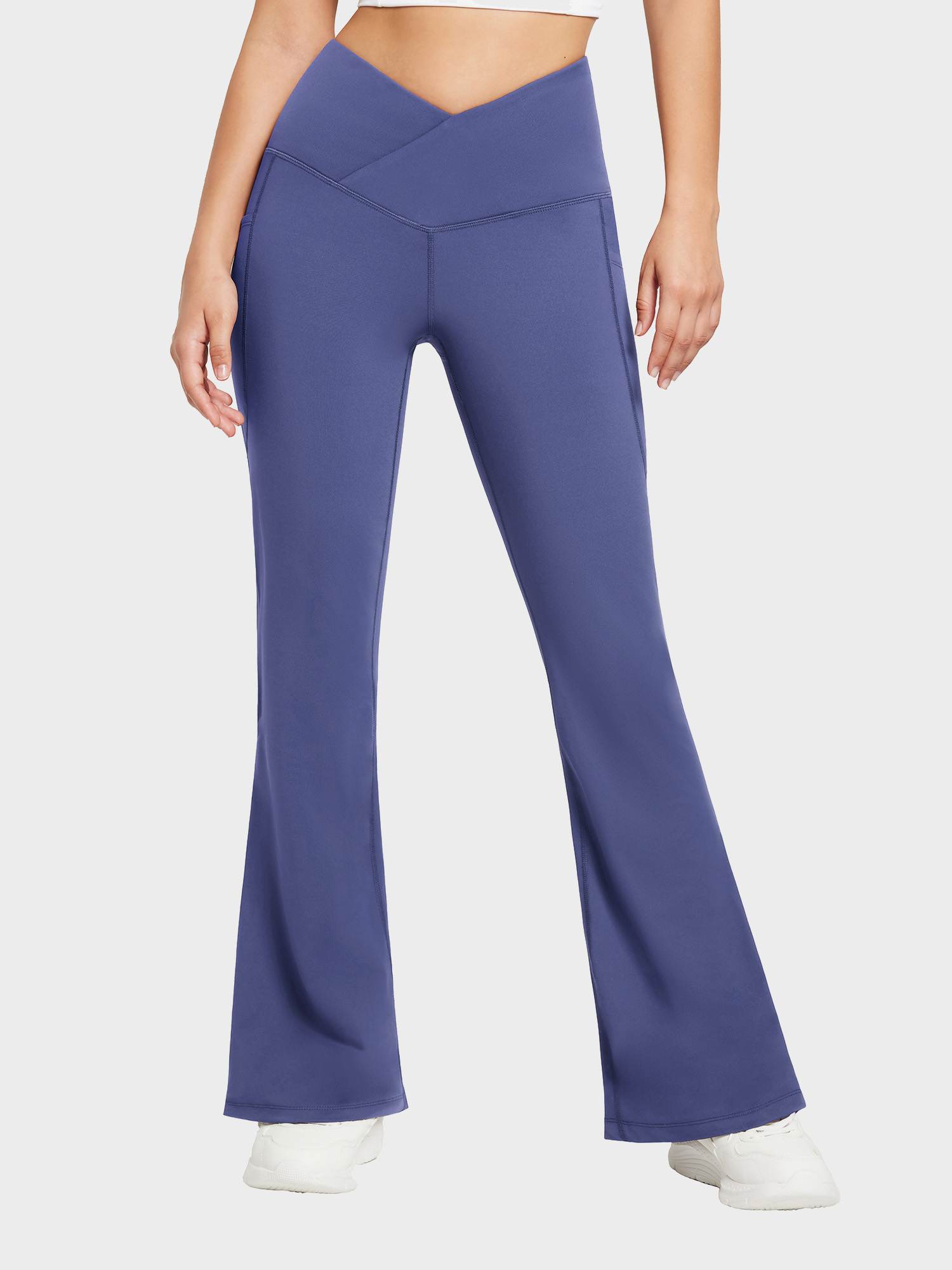 Blue high-rise crossover waist fleece flare pants with pockets #color_Navy Blue