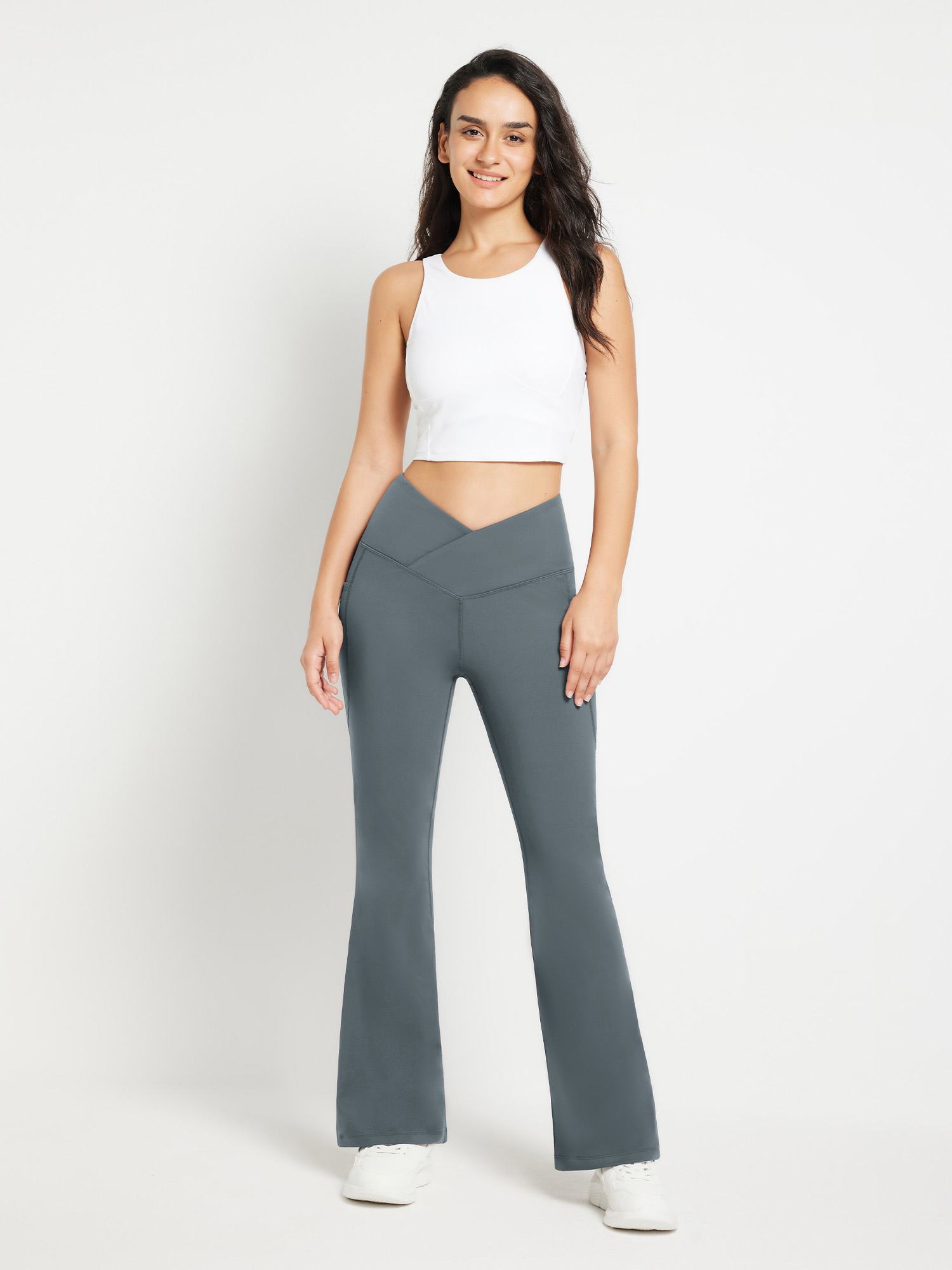 High-rise grey fleece flare pants with crossover waistband #color_Dark Gray