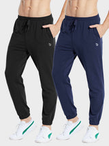 Men's cotton joggers in black and navy blue. Features drawstring waist, pockets, cuffed ankles. Ideal for casual wear. #color_Black/Blue