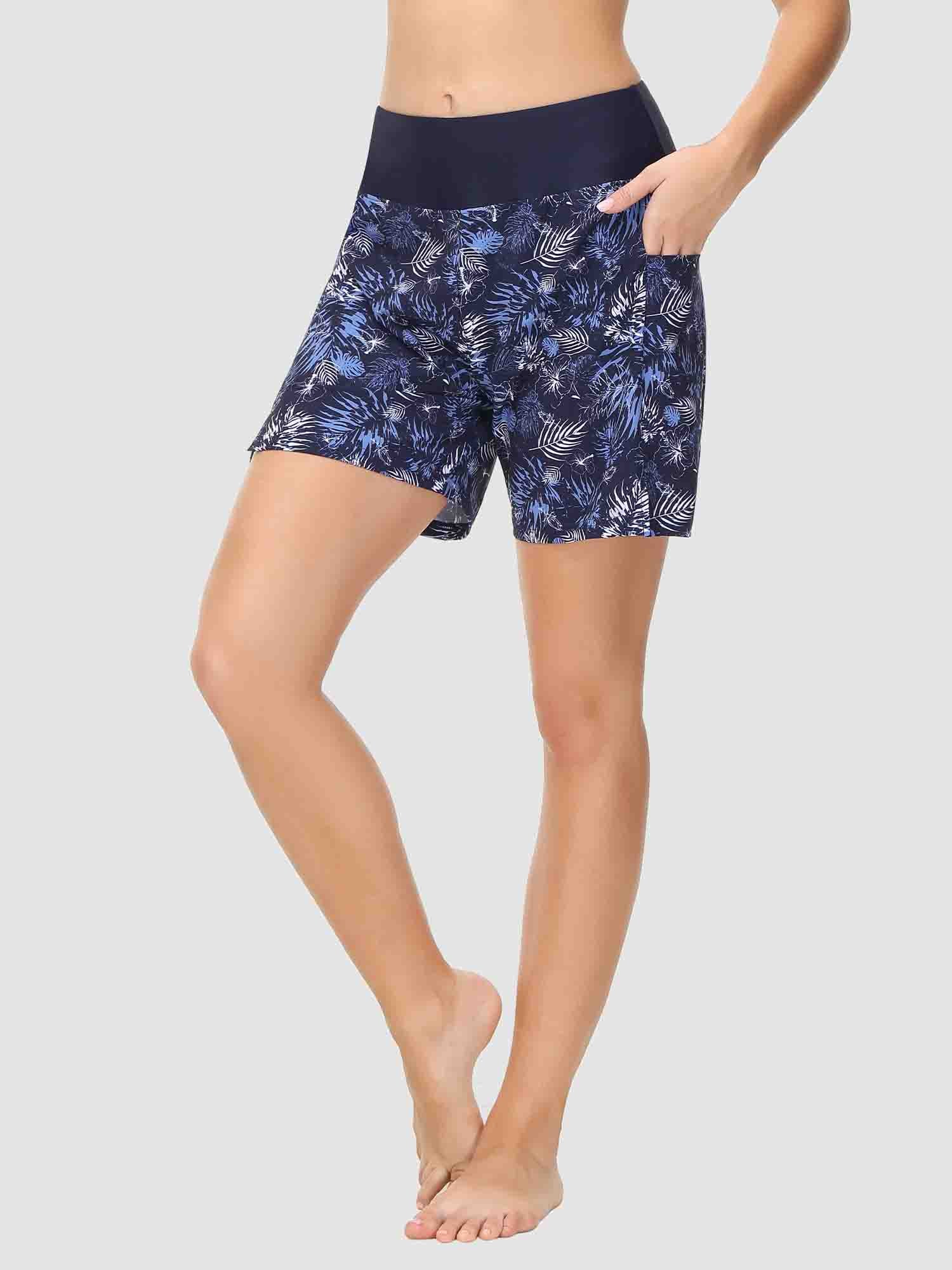Women's 5-inch swim board shorts with tropical print and pockets. #color_Print 1