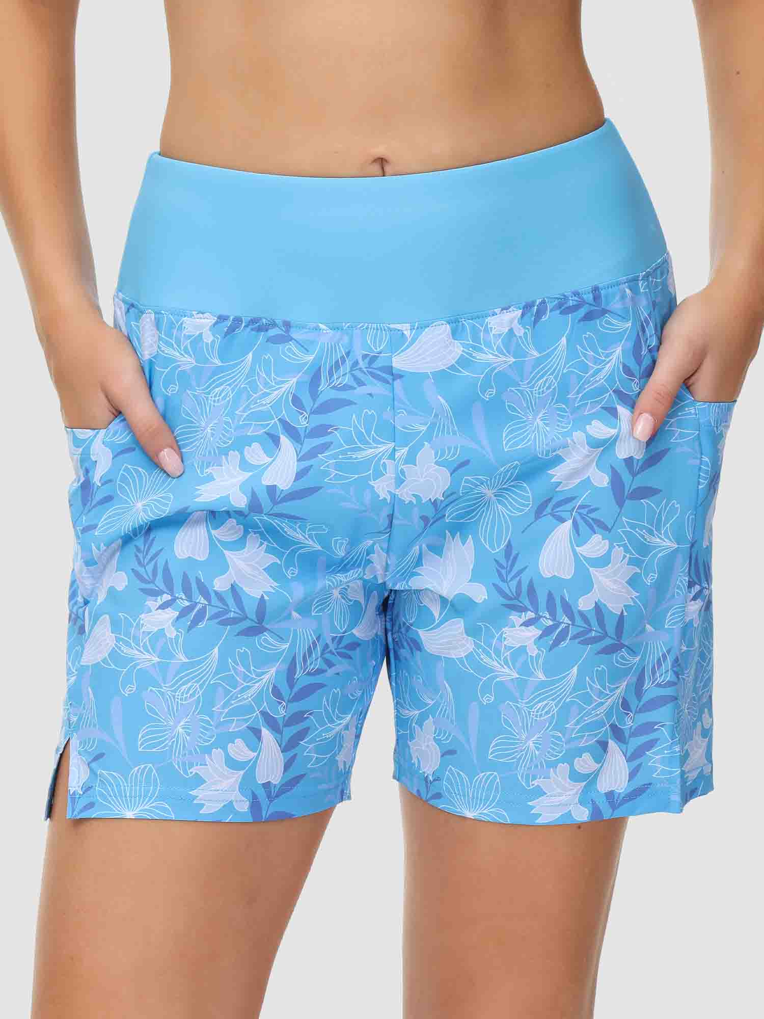 Women's blue floral 5" quick-dry swim board shorts with high waist and pockets. #color_Print 2