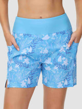 Women's blue floral 5" quick-dry swim board shorts with high waist and pockets. #color_Print 2