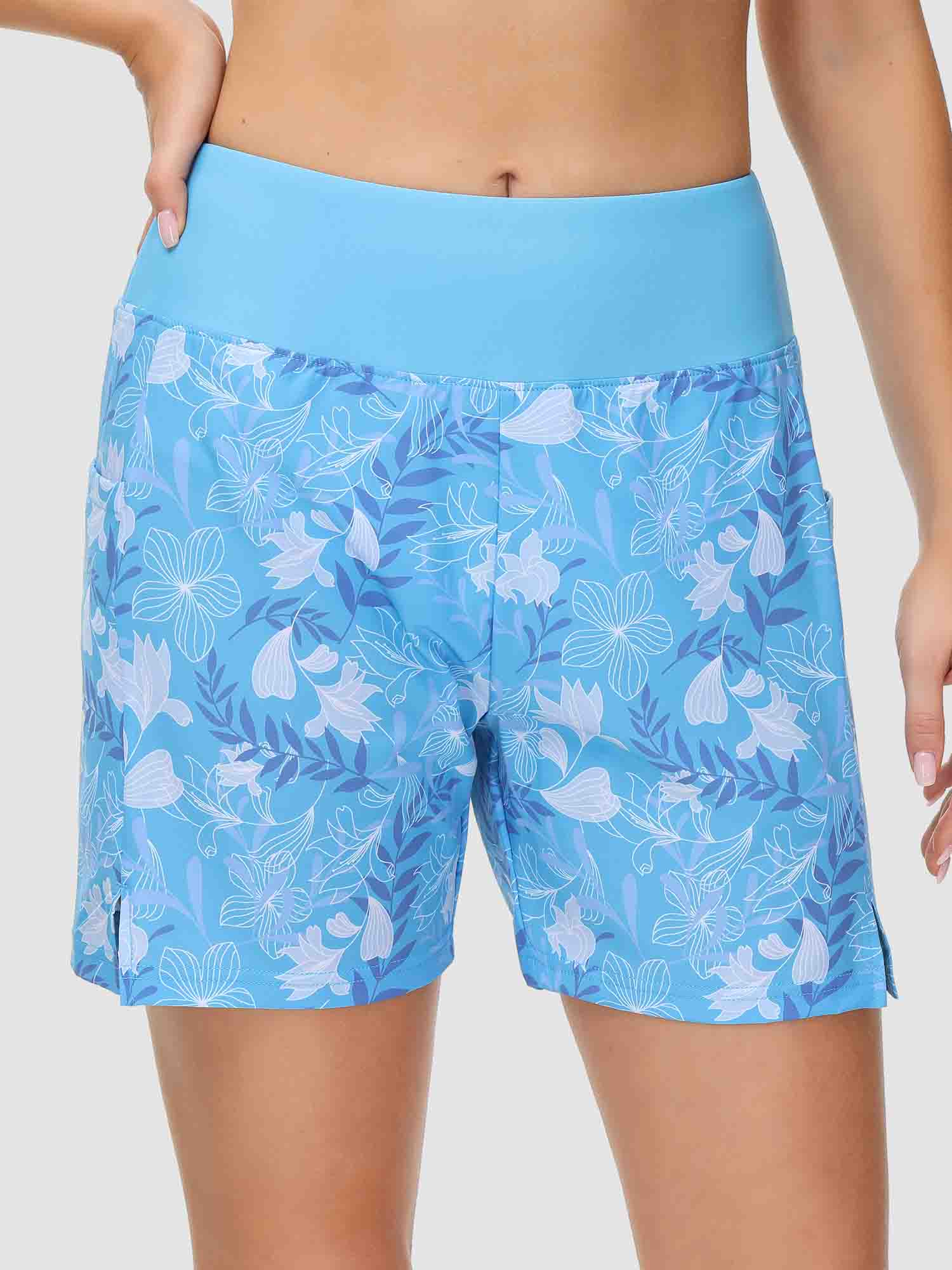 Women's blue floral print 5" inseam quick-dry swim board shorts with high waistband. #color_Print 2