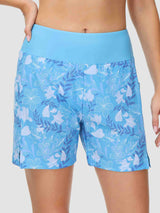 Women's blue floral print 5" inseam quick-dry swim board shorts with high waistband. #color_Print 2