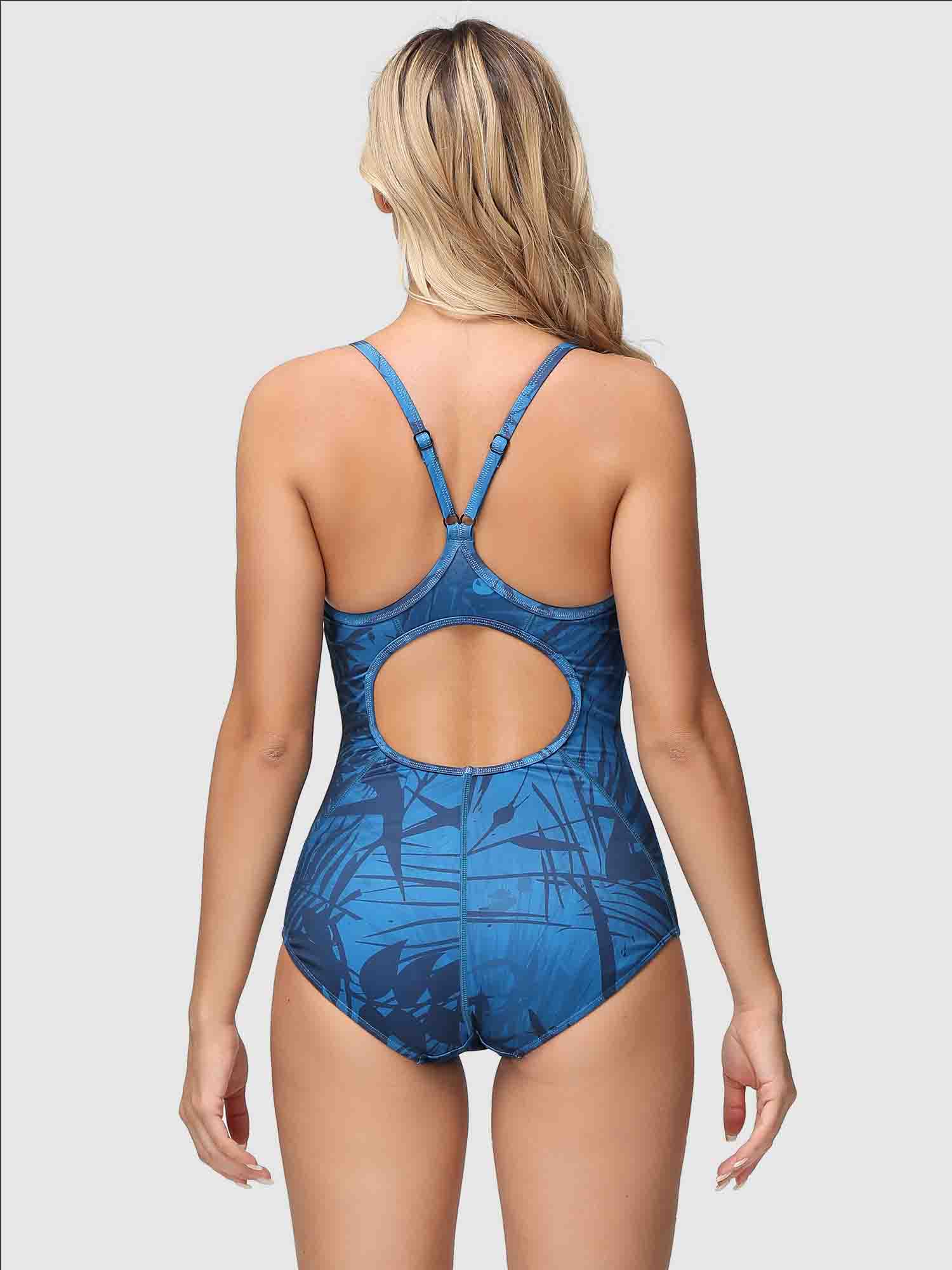 Blue tropical print women's one-piece swimsuit with keyhole back & adjustable straps. #color_Blue