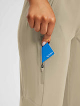 Laureate UPF50+ DWR pocketed capris: Baleaf card in zippered khaki pocket. #color_Doeskin