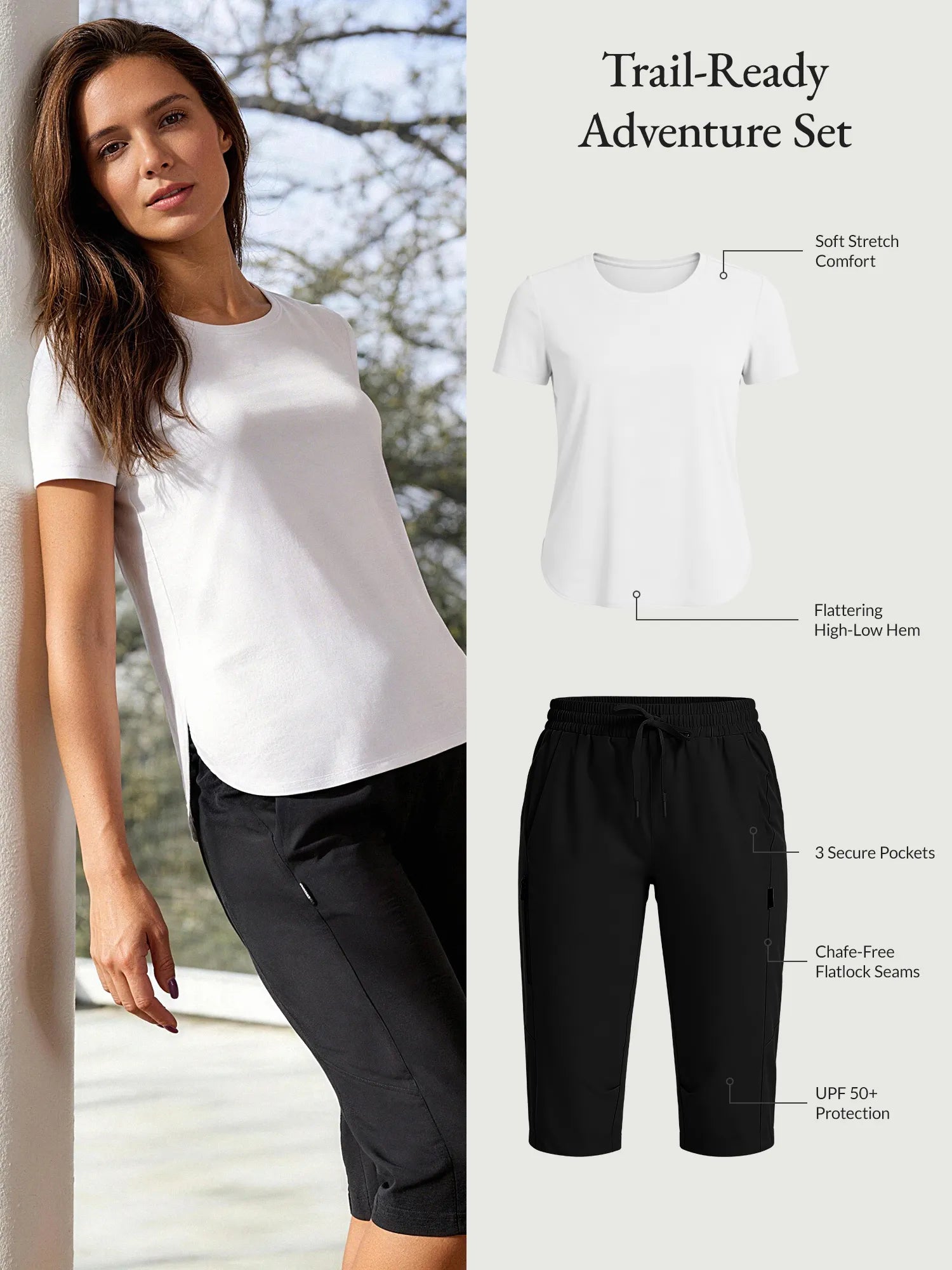 Women's Trail-Ready Adventure Set: white UPF 50+ tee, black pocketed capris for hiking.
