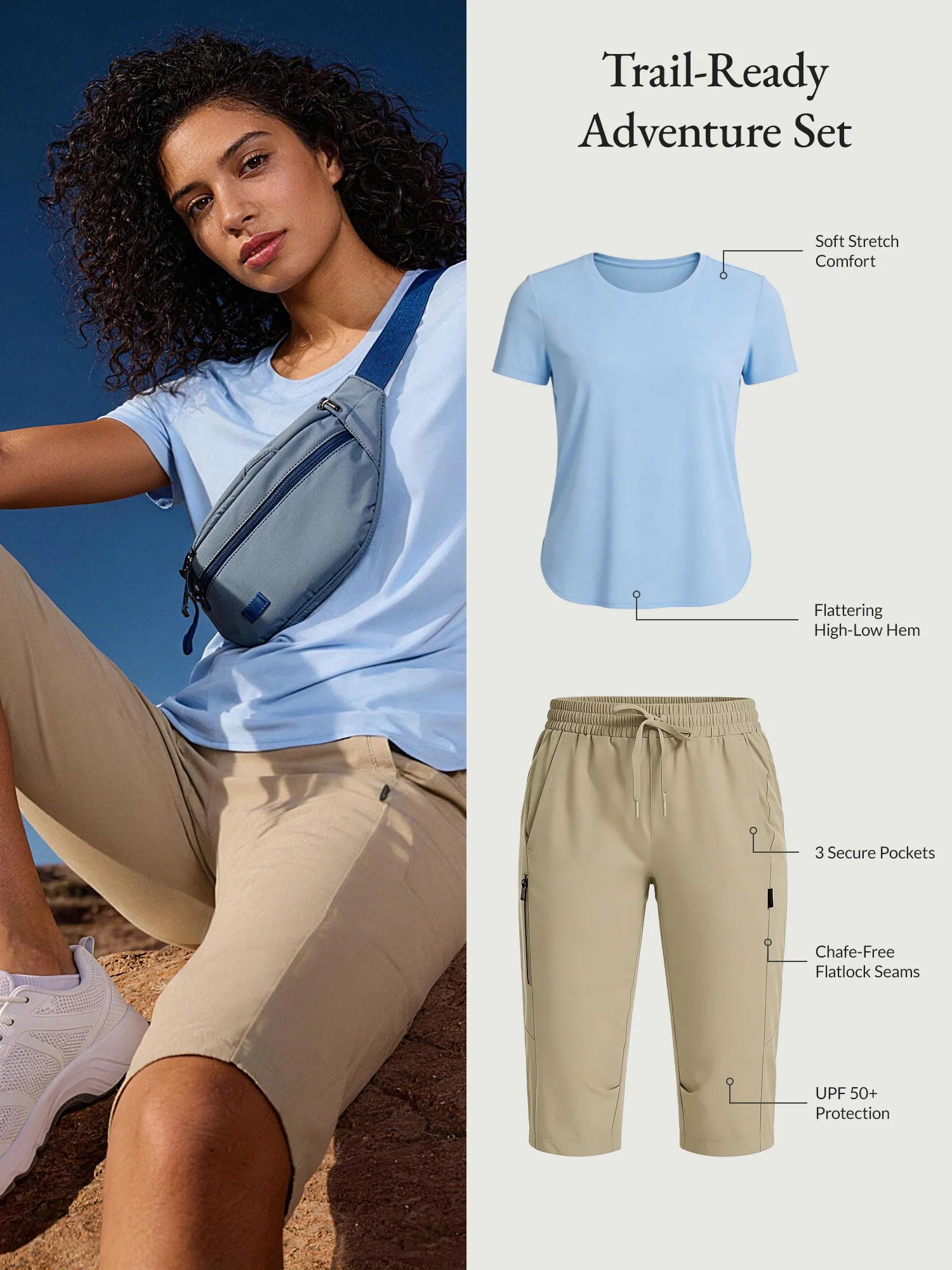 Trail-Ready Adventure Set: UPF 50+ capris & soft tee for hiking.