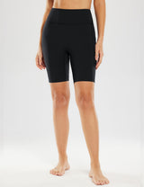Black women's 8" light compression yoga shorts with high waist and two side pockets.