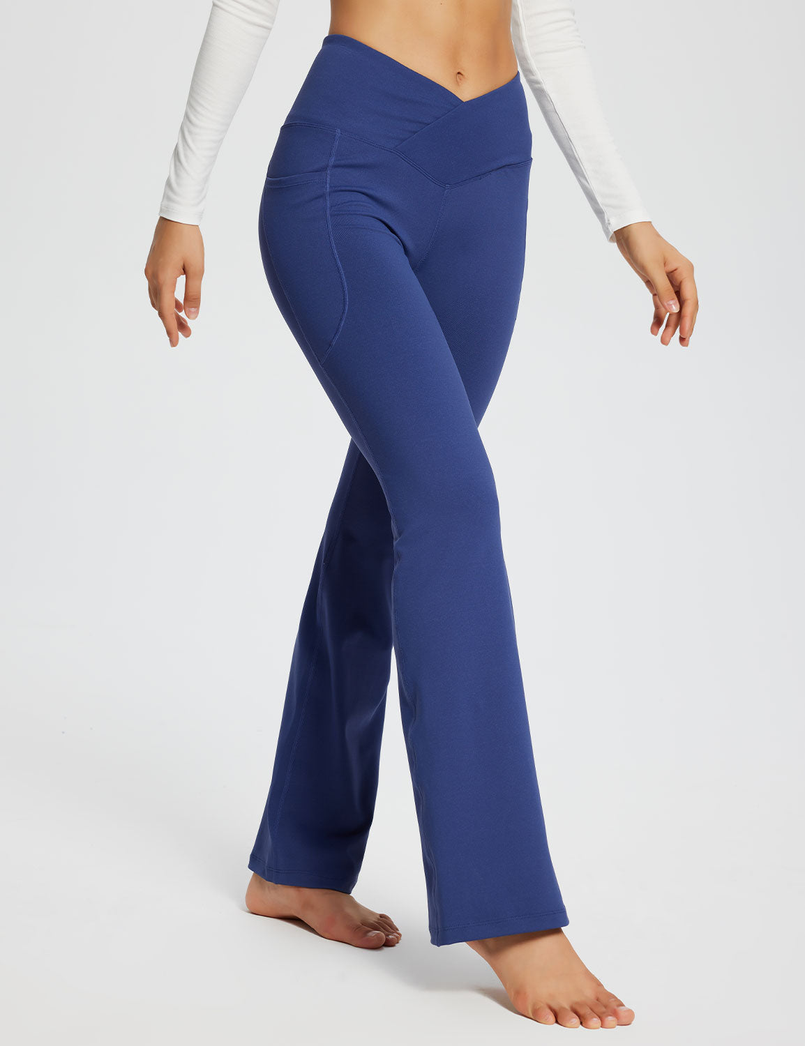 Blue Laureate Women's 29" Crossover High-Waisted Flare Yoga Pants with pockets. #color_Navy Blue