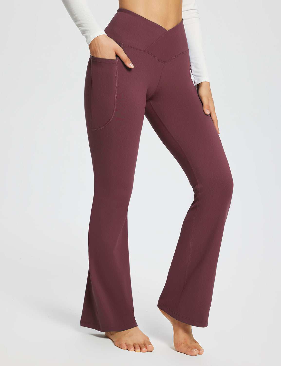 Baleaf Women's Laureate 29'' Crossover High-Rise Flared Pants dbh095 29-Wine Side.#color_Wine