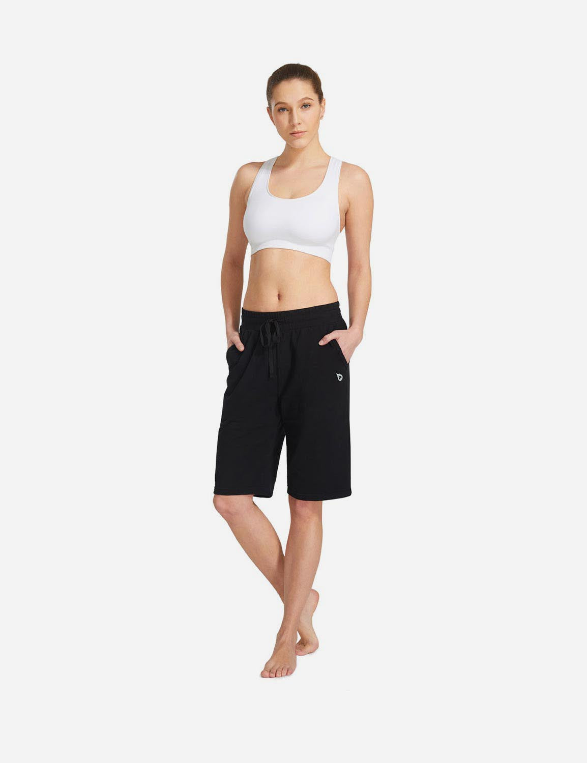 Baleaf Women's Mid-Rise Cotton Pocketed Bermuda Shorts abh104 Black Full