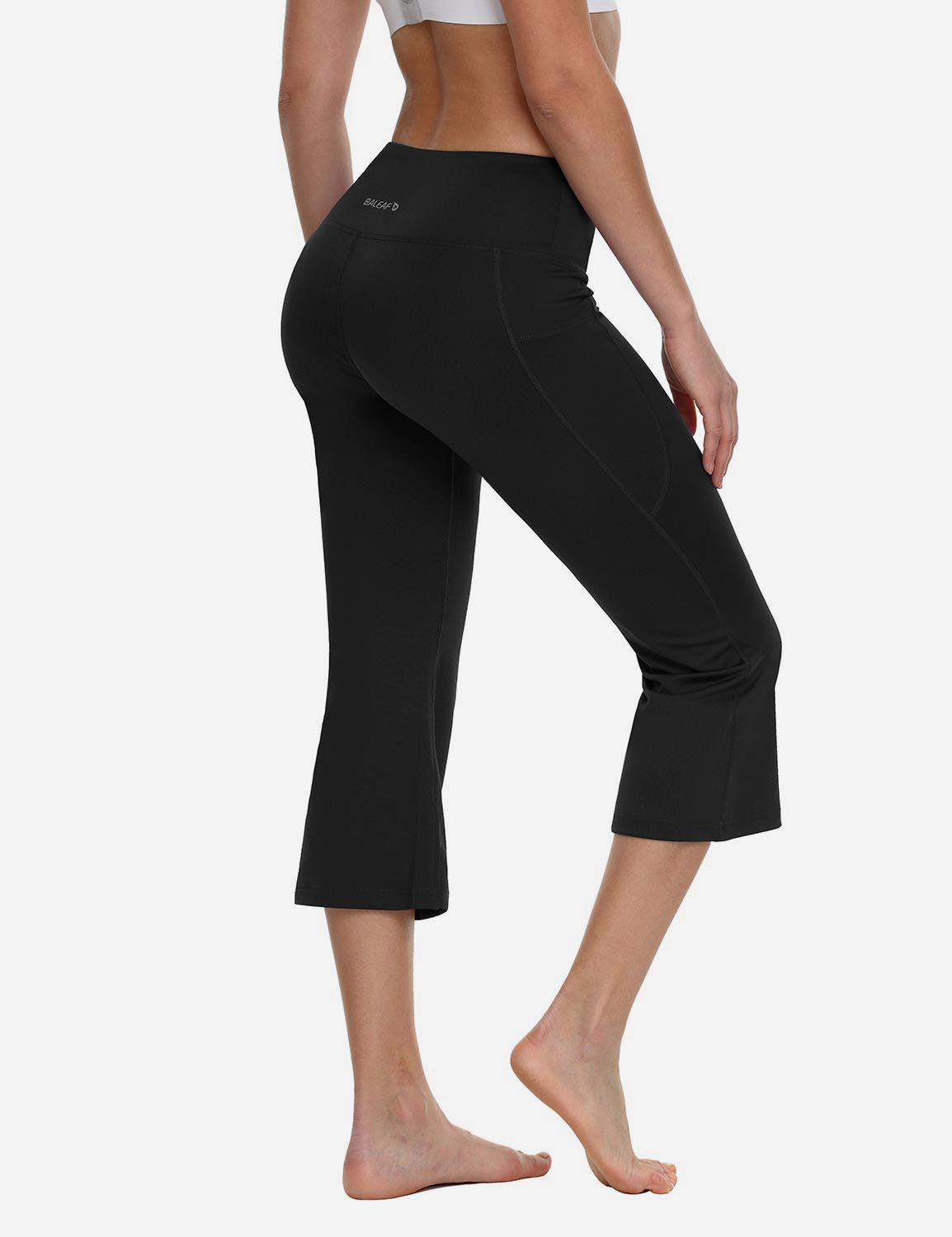 Baleaf Women Mid Rise Side & Hidden Pocketed Bootleg Basic Capris abh111 Black Back