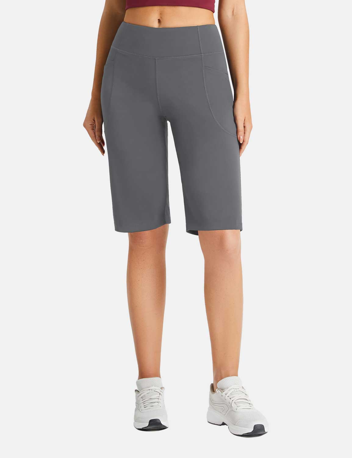 Flyleaf Women's Gray 12" High-Waisted Stretch Running Shorts with side pockets
