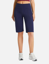 Navy Flyleaf women's 12" running shorts with high waist and 3 pockets. Stretchy, breathable fabric.