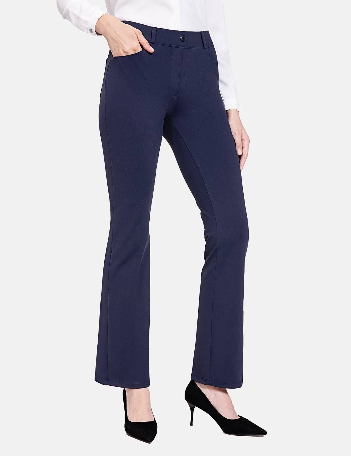 Navy blue bootcut workleisure pants with mid-rise and functional pockets.
