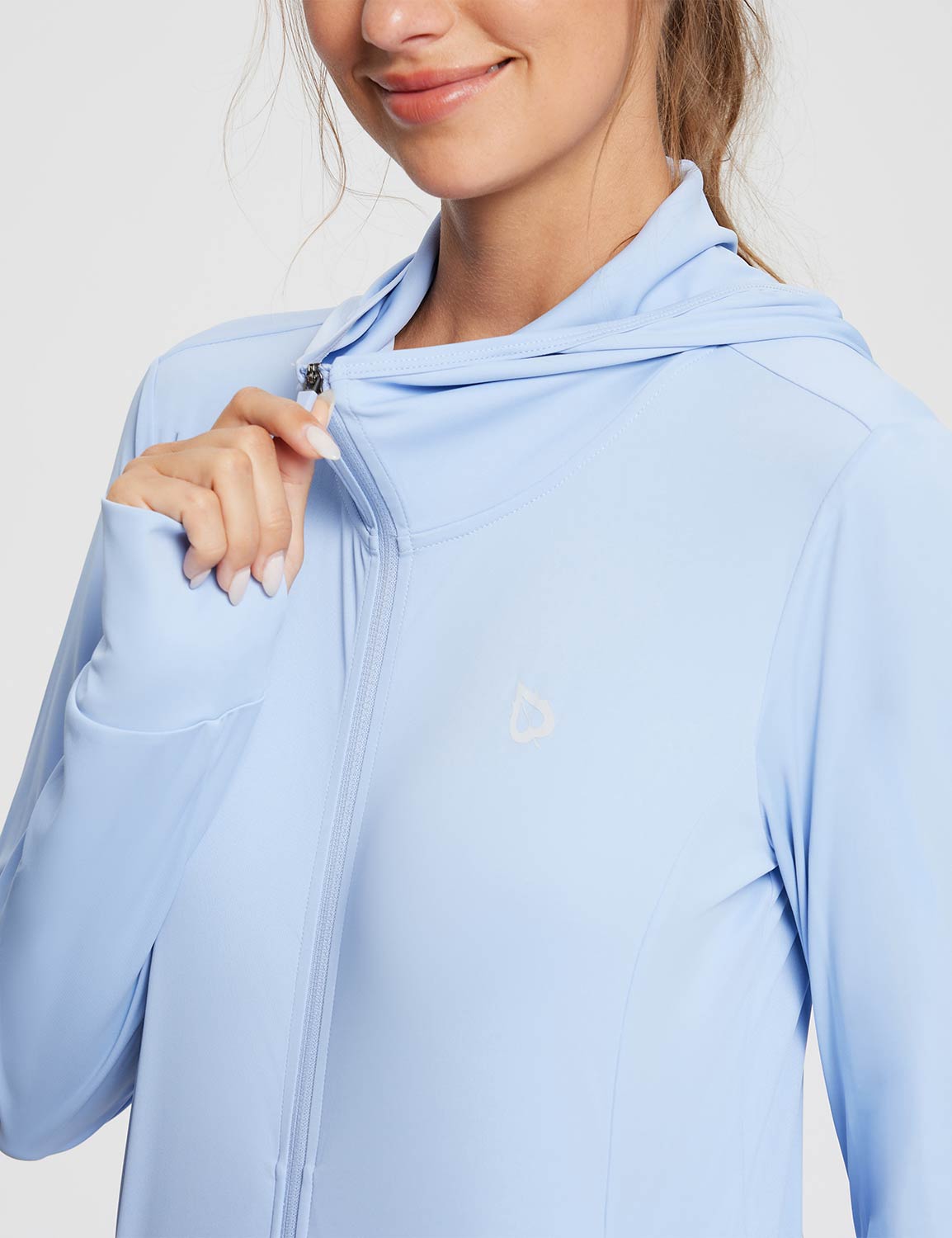 Light blue women's UPF 50+ zip-up hoodie with hood, thumbholes, and subtle logo. #Baleaf Women's Hoodie